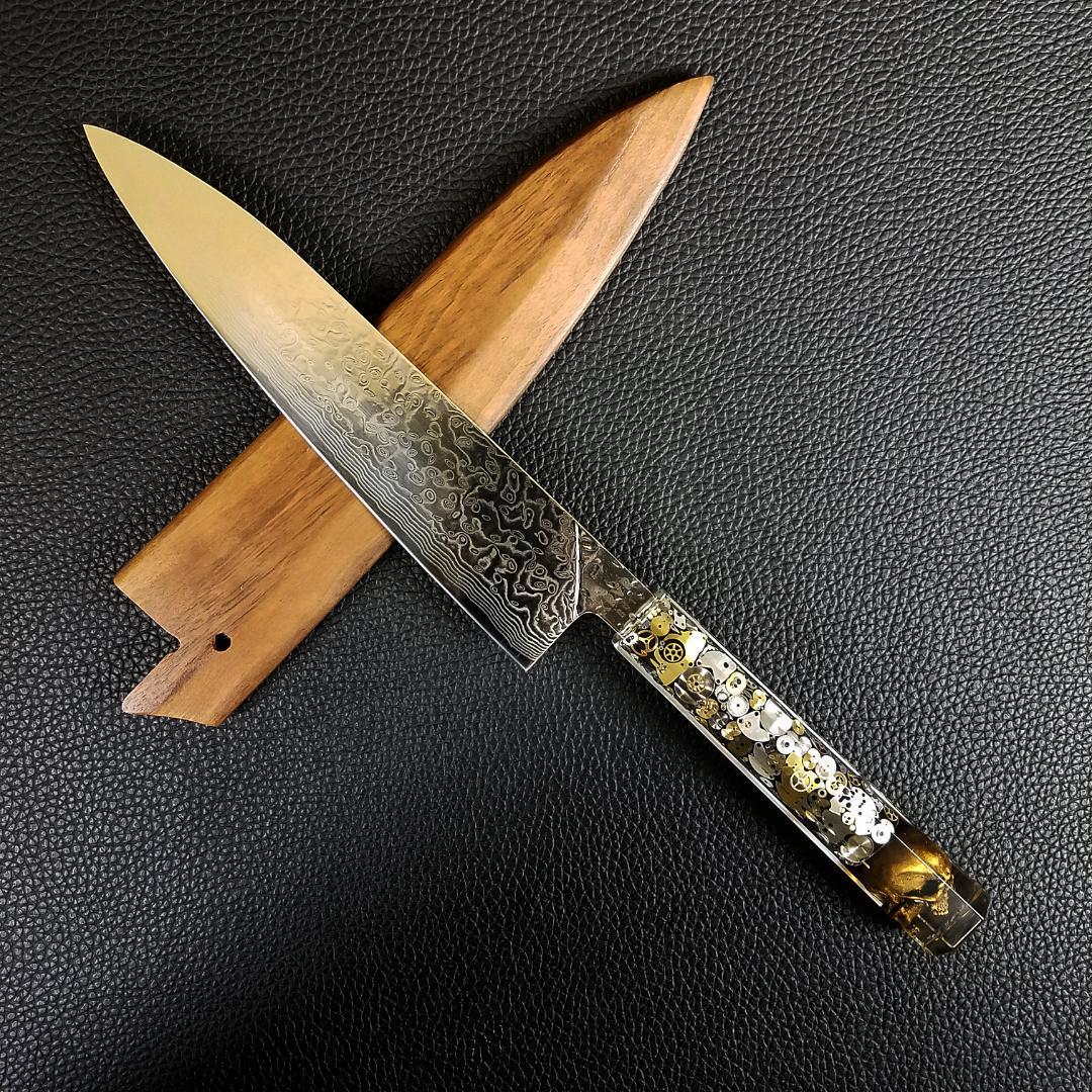 Father Time [Gold] - 210mm (8.25in) Raindrop Damascus Gyuto Chef Knife