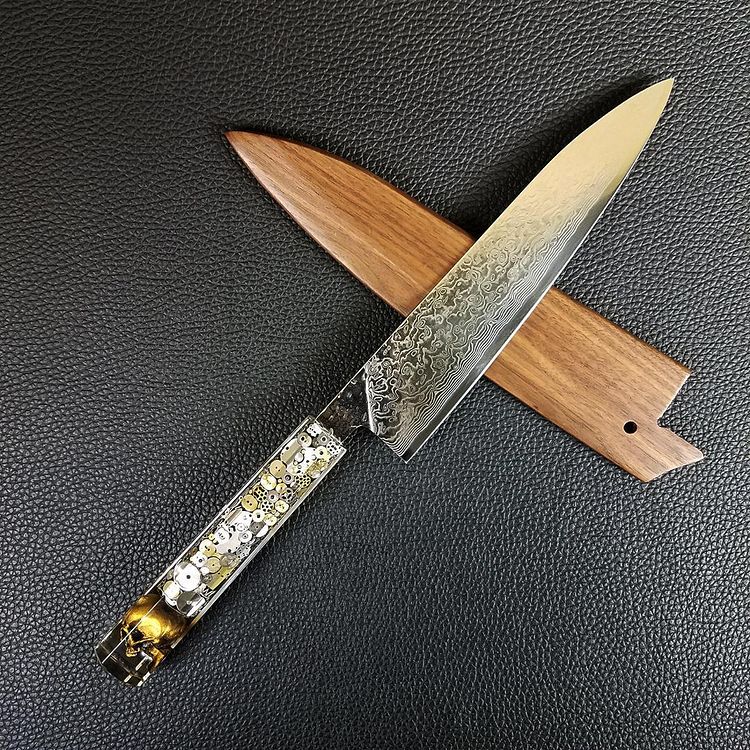 Father Time [Gold] - 210mm (8.25in) Raindrop Damascus Gyuto Chef Knife