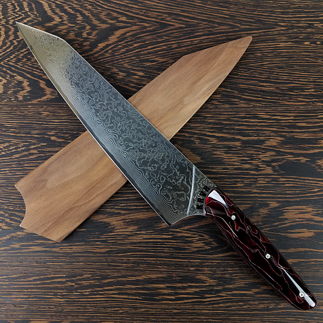 Red Dawn Gravitron - 10in (254mm) Damascus Gyuto - Raindrop - Smooth Handle