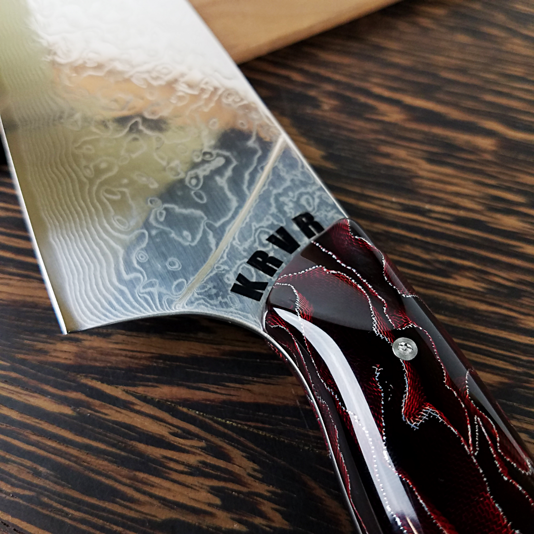 Red Dawn Gravitron - 10in (254mm) Damascus Gyuto - Raindrop - Smooth Handle