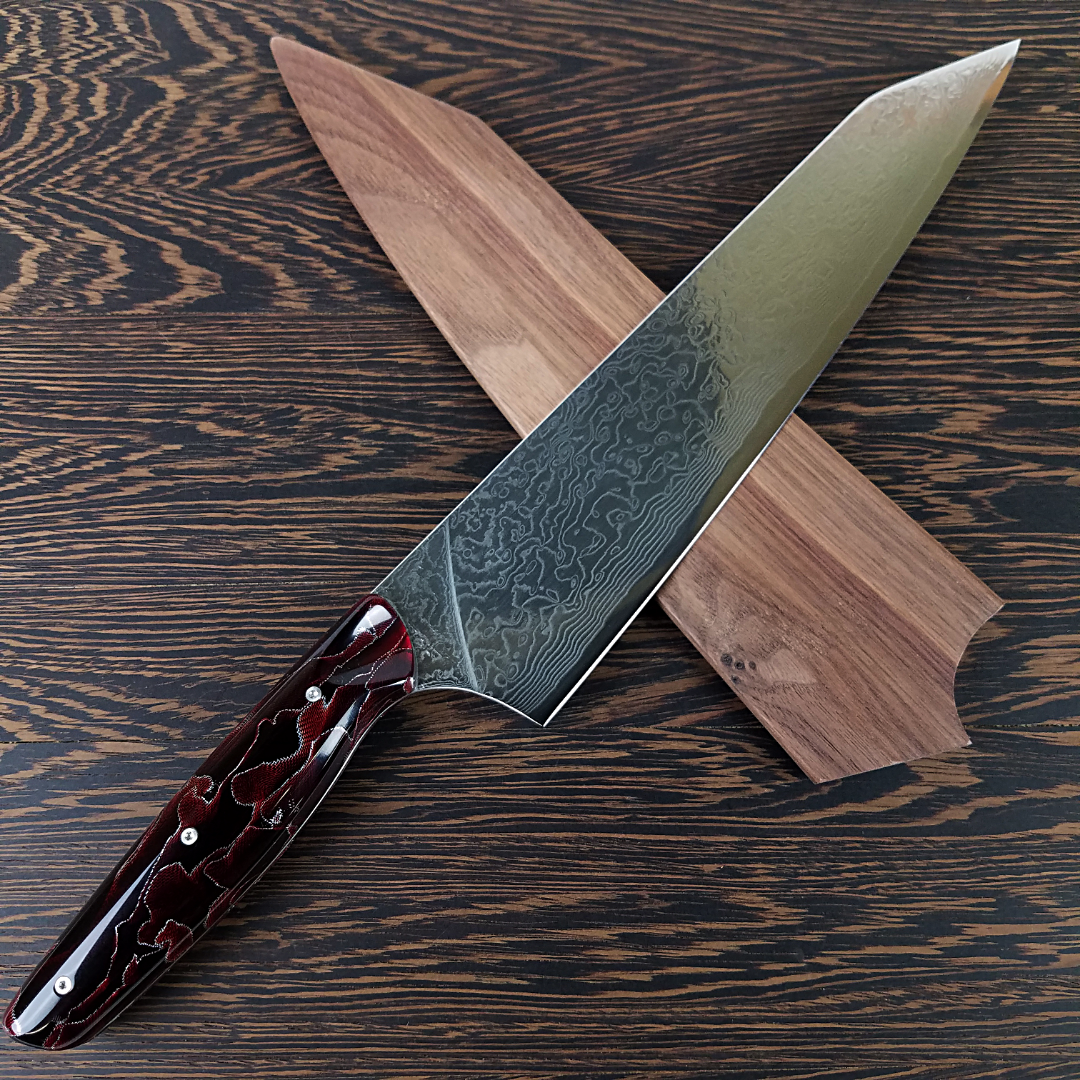 Red Dawn Gravitron - 10in (254mm) Damascus Gyuto - Raindrop - Smooth Handle