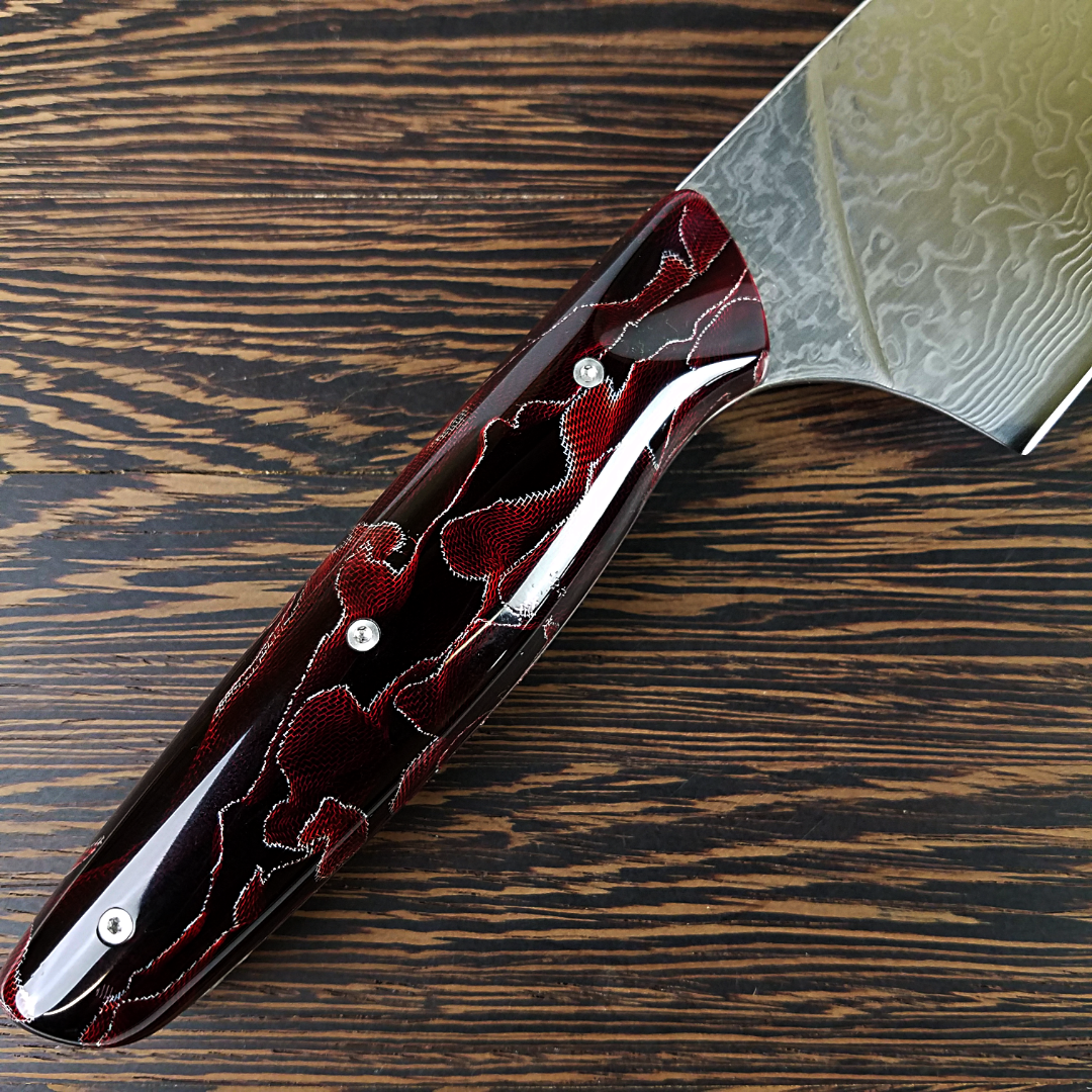 Red Dawn Gravitron - 10in (254mm) Damascus Gyuto - Raindrop - Smooth Handle