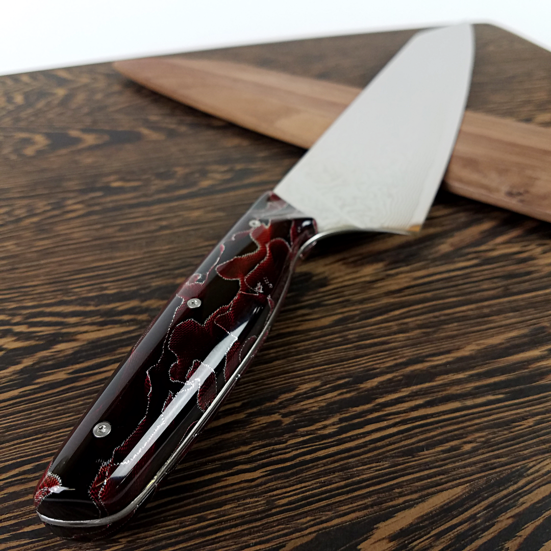 Red Dawn Gravitron - 10in (254mm) Damascus Gyuto - Raindrop - Smooth Handle