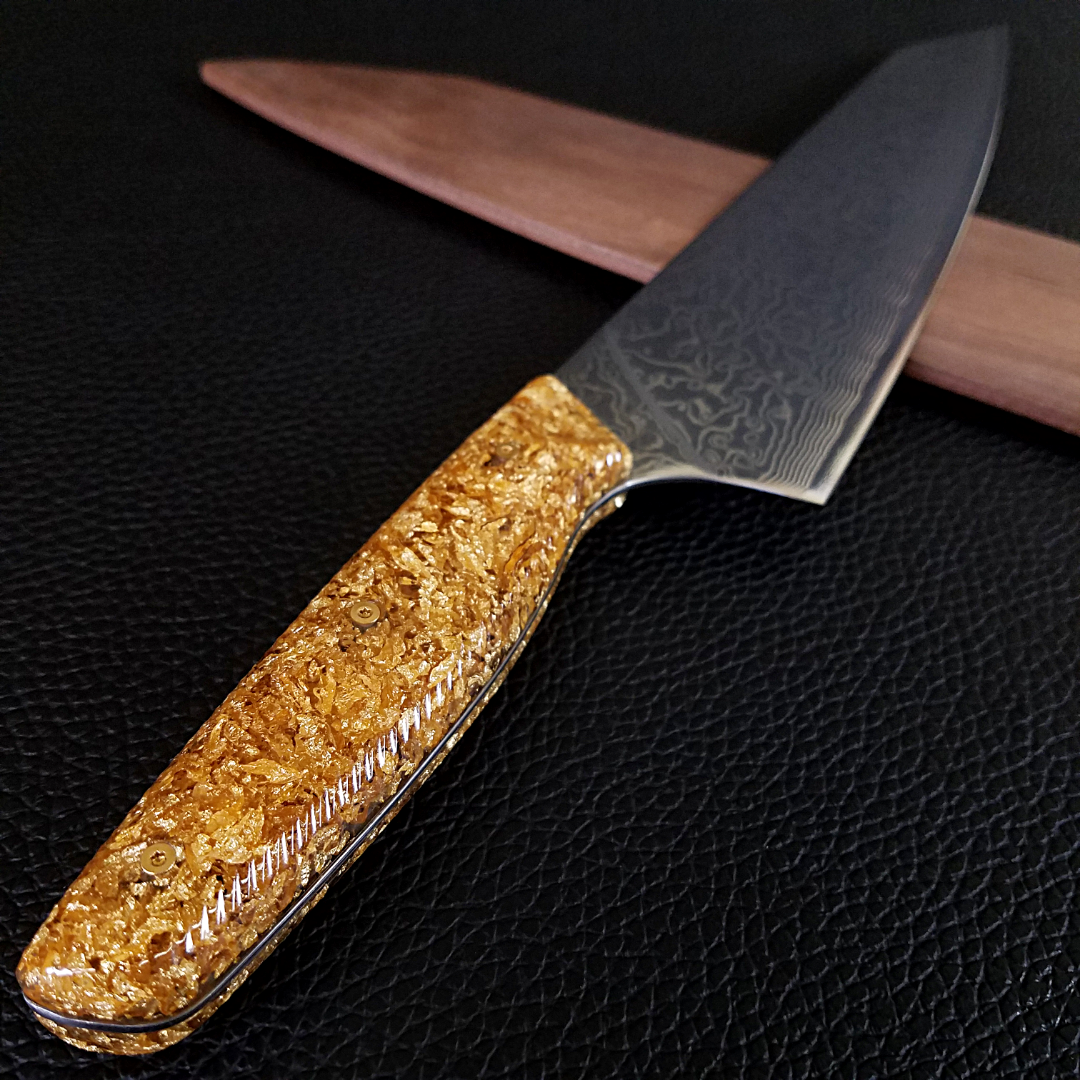 Goldfinger - 10in (254mm) Damascus Gyuto - Raindrop - Wavy Handle