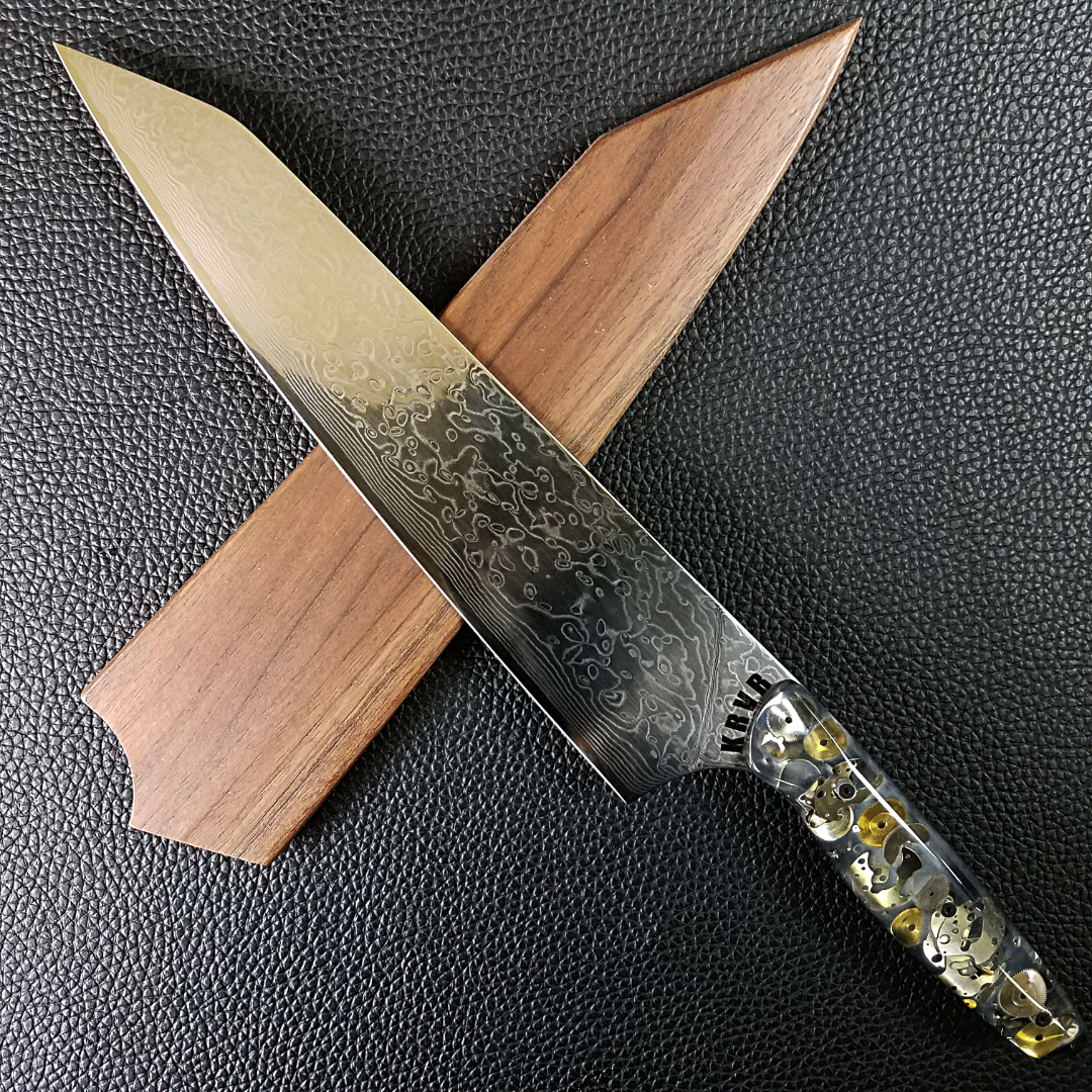 A Clockwork Gray - 10in (254mm) Damascus Gyuto - Raindrop - Smooth Handle