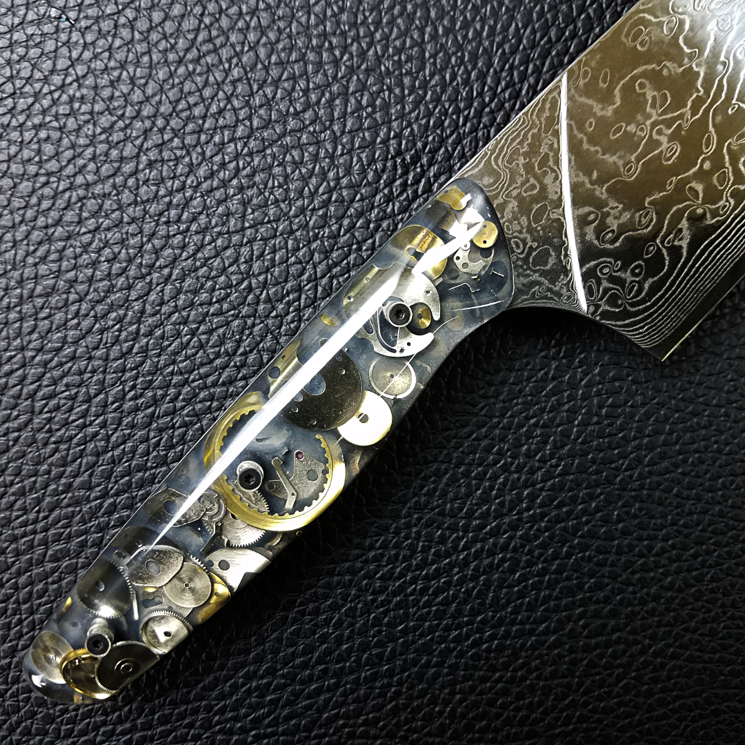 A Clockwork Gray - 10in (254mm) Damascus Gyuto - Raindrop - Smooth Handle