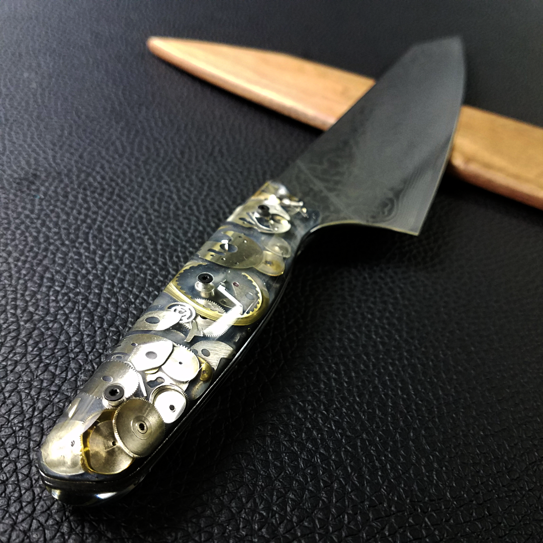 A Clockwork Gray - 10in (254mm) Damascus Gyuto - Raindrop - Smooth Handle