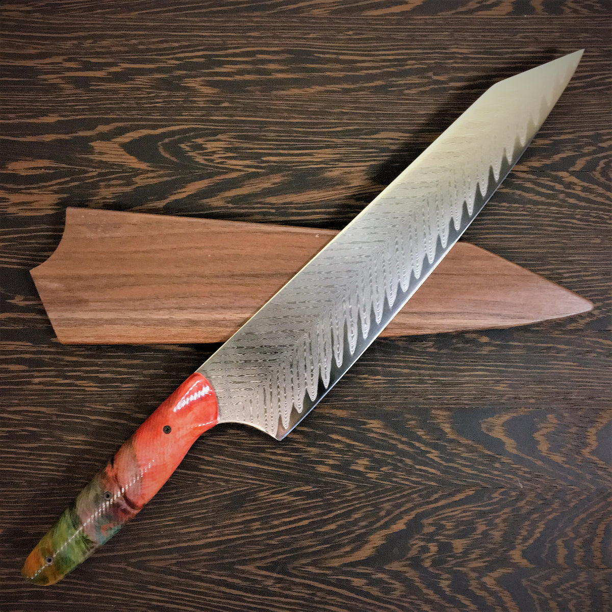 Aurora Borealis - Gyuto K-tip 10in Chef&#39;s Knife - Herringbone Damascus - Multicolor Dyed Wood Handle