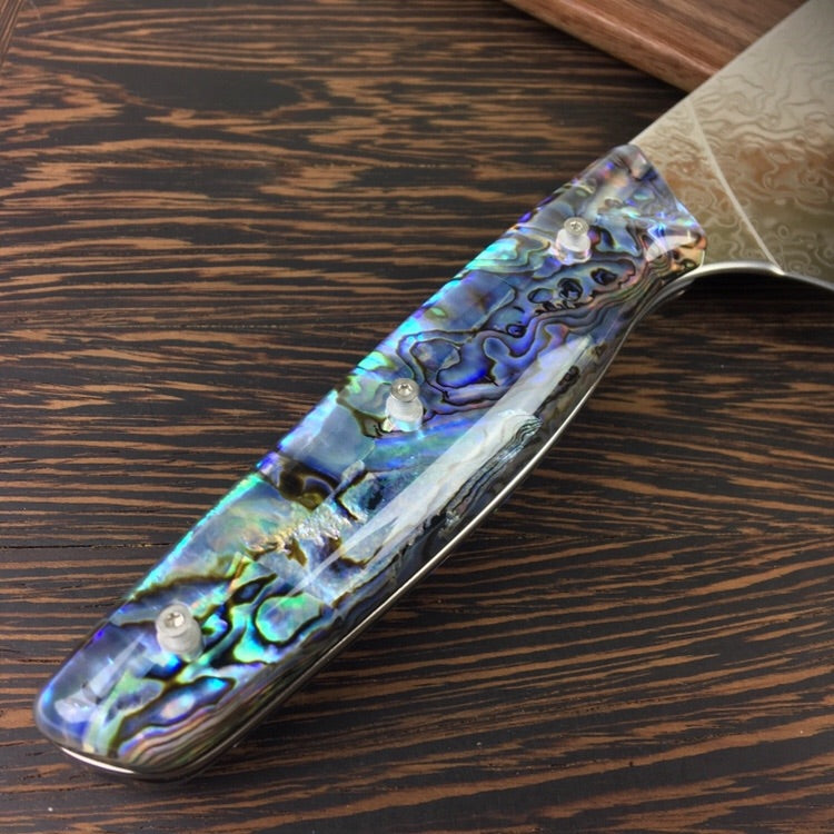 The Pearl’s Daughter II - Gyuto K-tip 10in Chef&#39;s Knife - Paua Abalone Handle - Mother of Pearl Damascus Blade