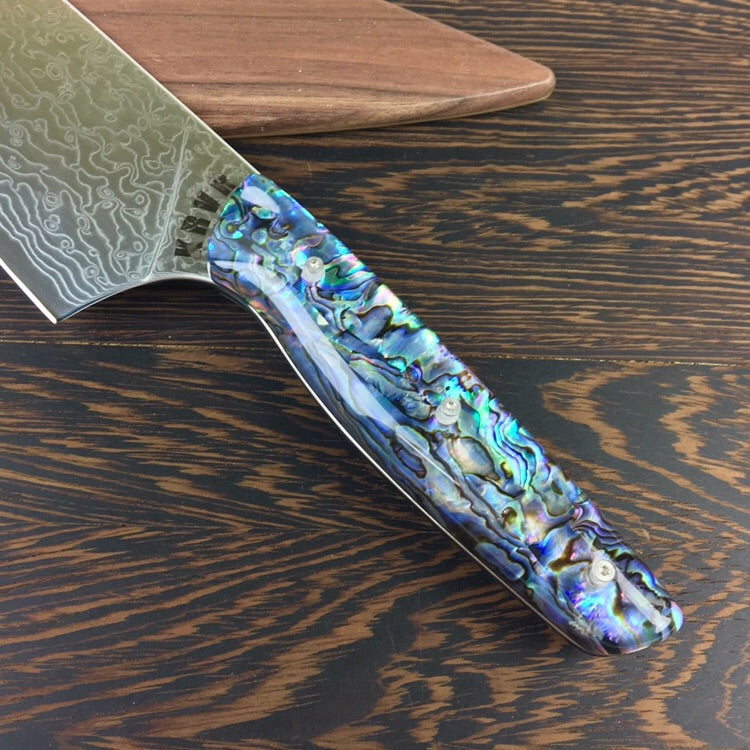 The Pearl’s Daughter II - Gyuto K-tip 10in Chef&#39;s Knife - Paua Abalone Handle - Mother of Pearl Damascus Blade