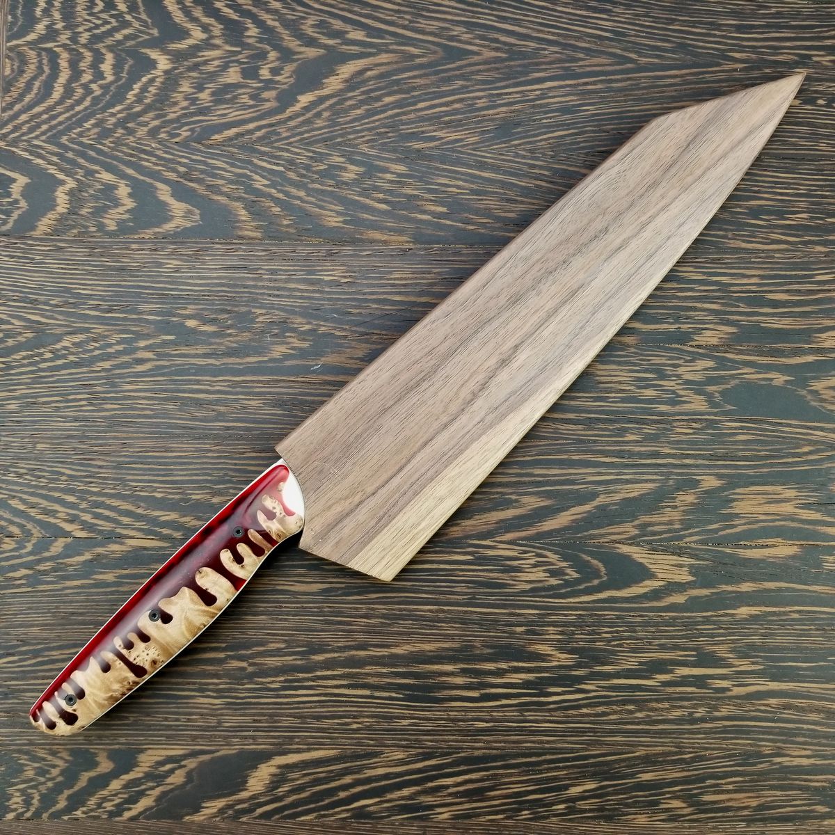 Gyuto K-tip 10in Chef&#39;s Knife - &quot;Bone Saw&quot; - Herringbone Damascus - Blood Drip Handles - SOLD