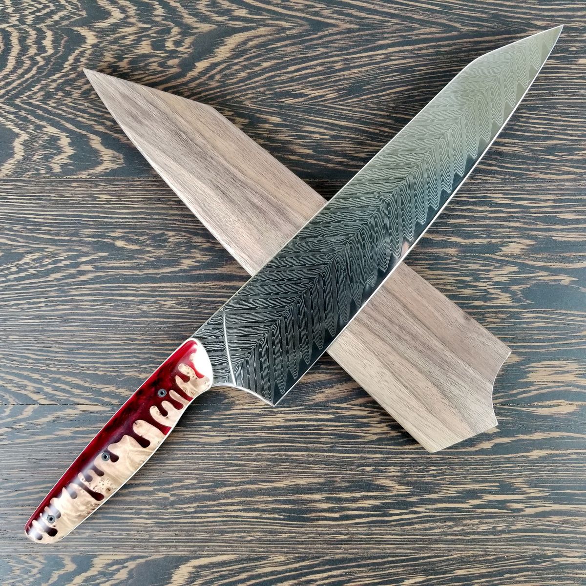 Bone Saw - Gyuto K-tip 10in Chef's Knife - Herringbone Damascus - Blood Drip Handles