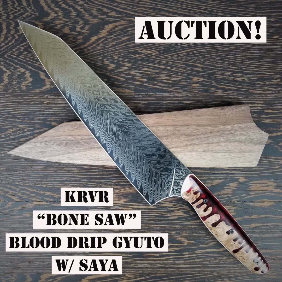 Gyuto K-tip 10in Chef&#39;s Knife - &quot;Bone Saw&quot; - Herringbone Damascus - Blood Drip Handles - SOLD