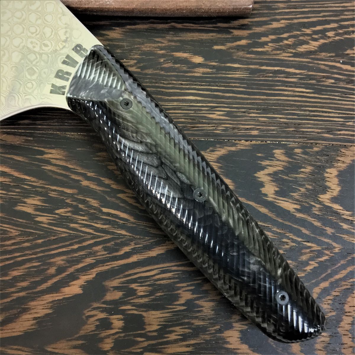 Black Dragon - Gyuto K-tip 10in Chef&#39;s Knife - Dragonscale Damascus - Wavy Texture Black Dragonscale Handle
