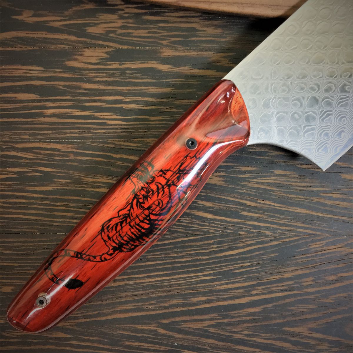 Crouching Tiger Hidden Dragon - Gyuto K-tip 10in Chef&#39;s Knife - Japanese Tiger Handle - Dragonscale Damascus