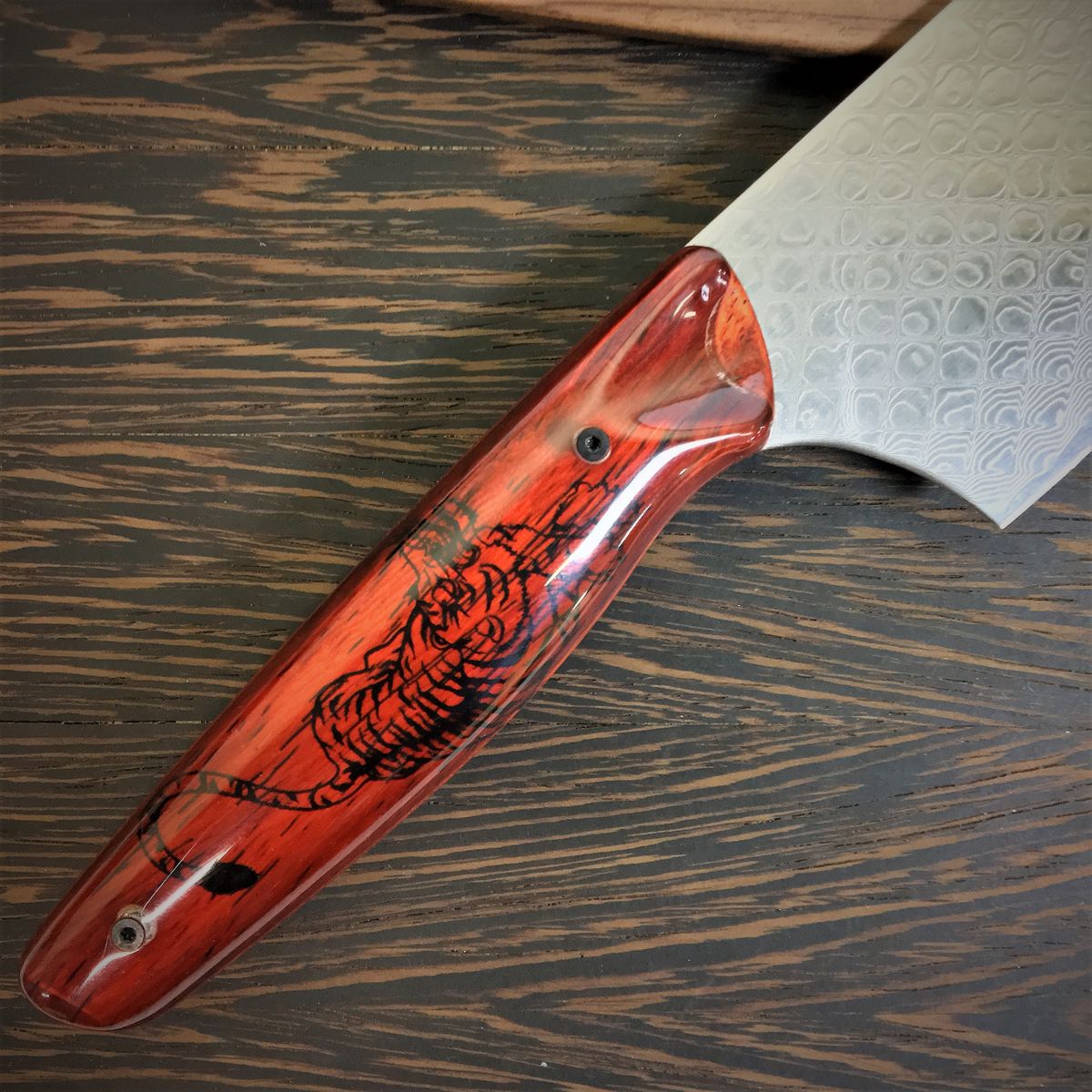 Custom - Crouching Tiger Hidden Dragon - Gyuto K-tip 10in Chef&#39;s Knife - Japanese Tiger Handle - Dragonscale Damascus