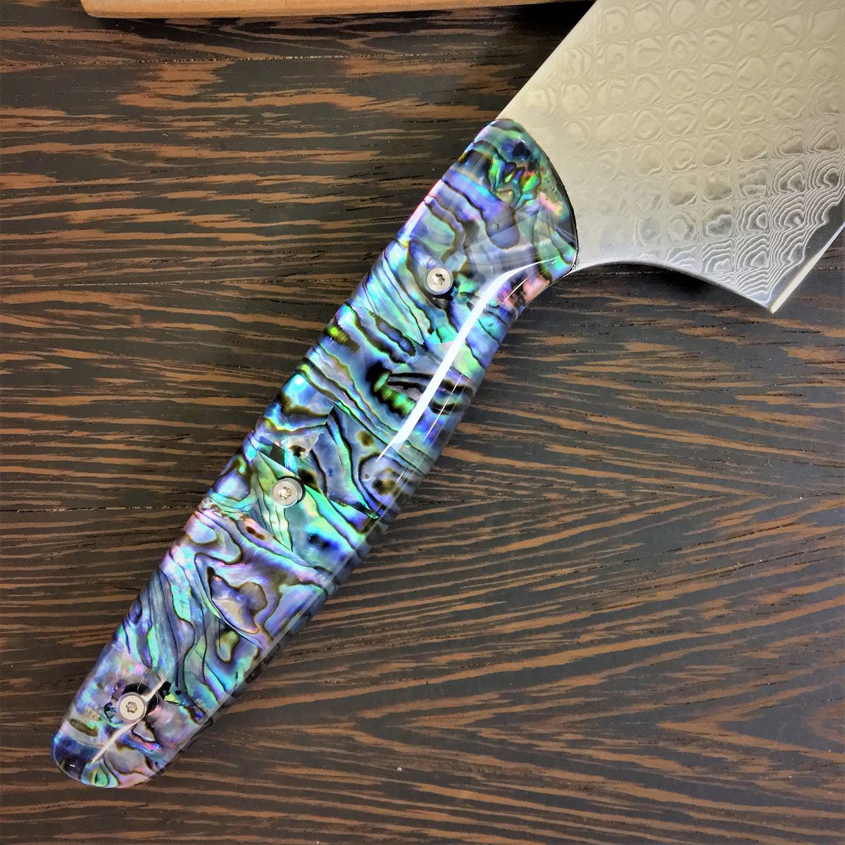 Son of a Pearl III - Gyuto K-tip 10in Chef&#39;s Knife - Paua Abalone Handle - Fishscale Damascus Blade