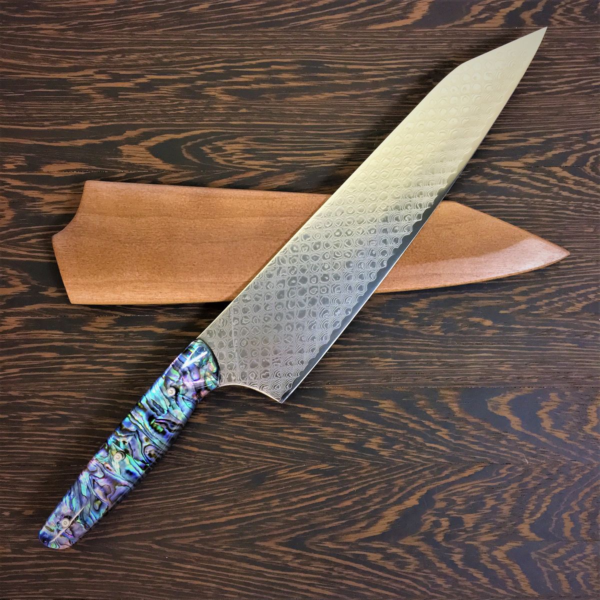 Son of a Pearl III - Gyuto K-tip 10in Chef&#39;s Knife - Paua Abalone Handle - Fishscale Damascus Blade