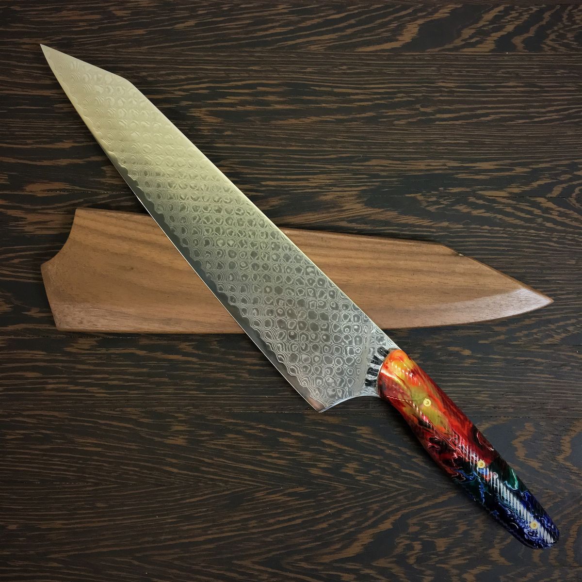 Dragon Fire- Gyuto K-tip 10in Chef&#39;s Knife - Dragonscale Damascus - Fire Resin Handle