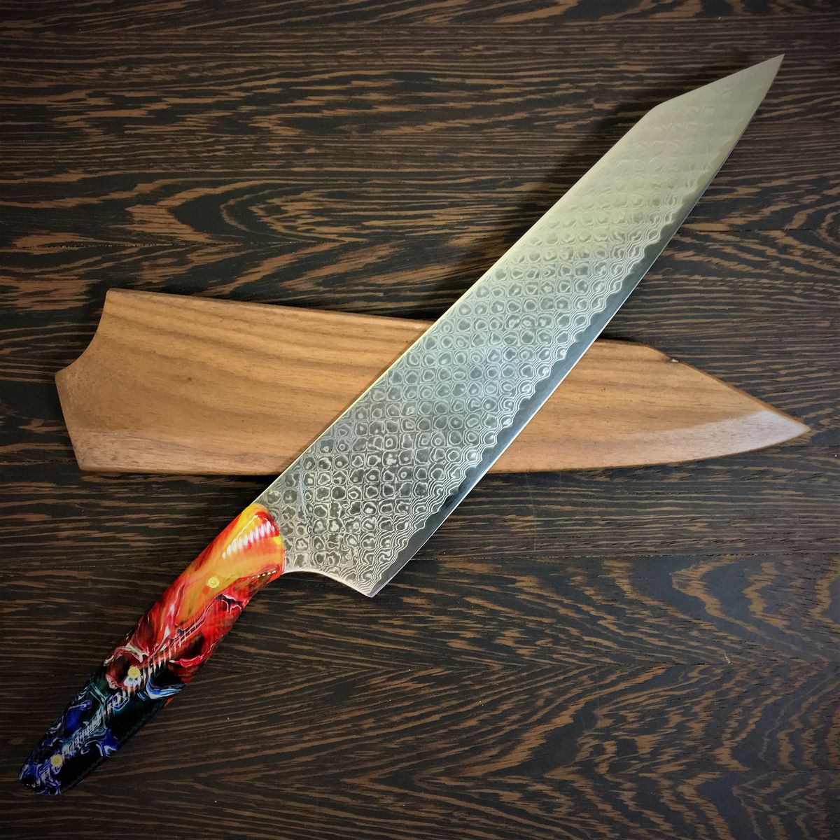 Dragon Fire- Gyuto K-tip 10in Chef&#39;s Knife - Dragonscale Damascus - Fire Resin Handle