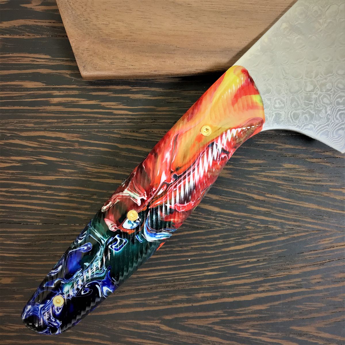 Dragon Fire- Gyuto K-tip 10in Chef&#39;s Knife - Dragonscale Damascus - Fire Resin Handle