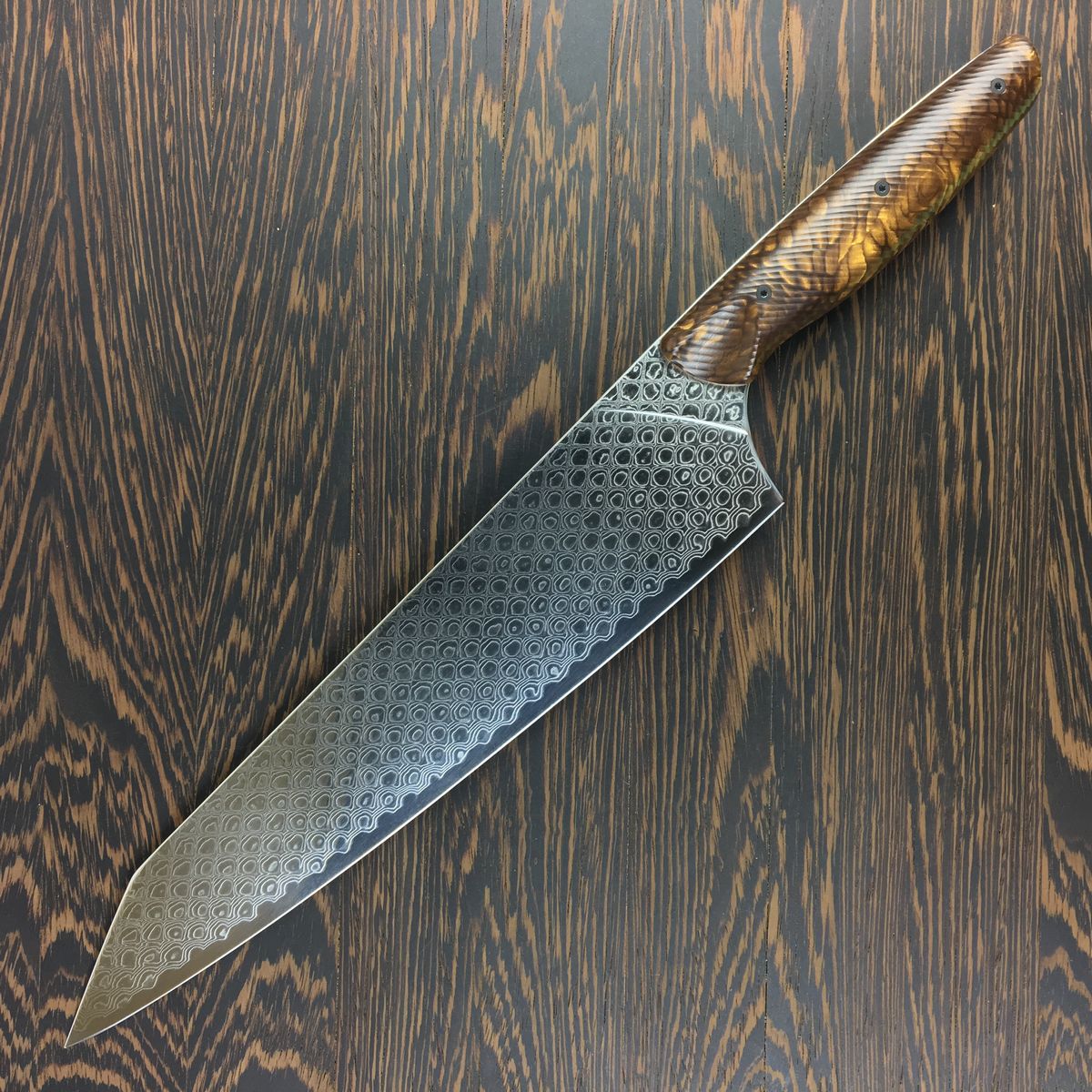 Bronze Dragon III - Gyuto K-tip 10in Chef&#39;s Knife - Dragonscale Damascus - wavy handle grip