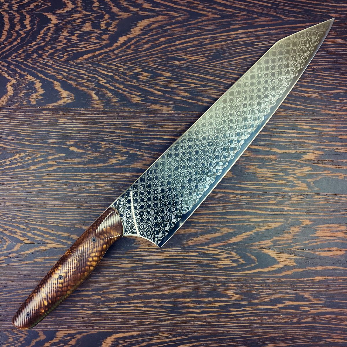 Bronze Dragon III - Gyuto K-tip 10in Chef&#39;s Knife - Dragonscale Damascus - wavy handle grip