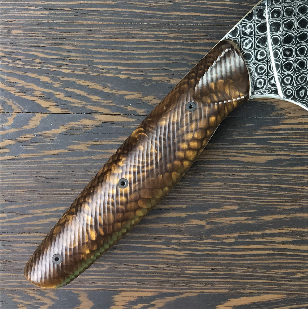 Bronze Dragon III - Gyuto K-tip 10in Chef&#39;s Knife - Dragonscale Damascus - wavy handle grip
