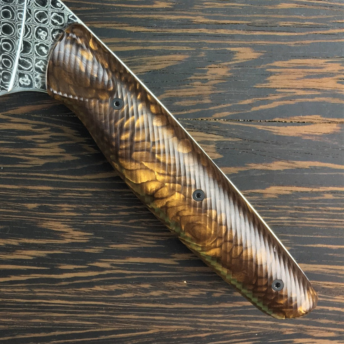 Bronze Dragon III - Gyuto K-tip 10in Chef&#39;s Knife - Dragonscale Damascus - wavy handle grip
